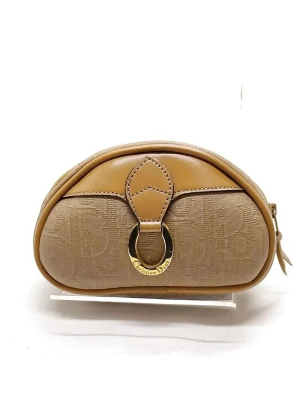 Authentic Christian Dior Trotter Canvas Cosmetic Pouch Beige Zip Makeup Case Vin